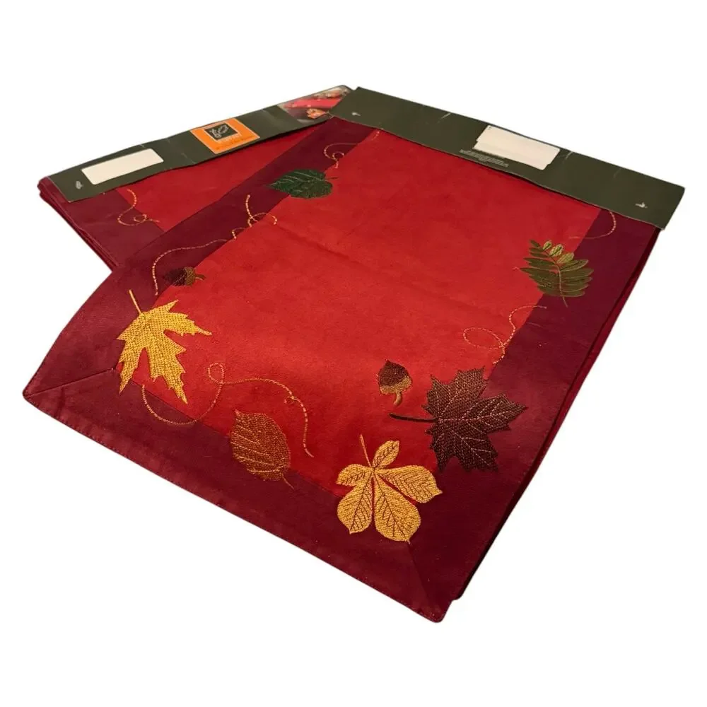 Fall Home Decor Table Runner Set of 2 Embroidered Leave Lined Microsuede 36